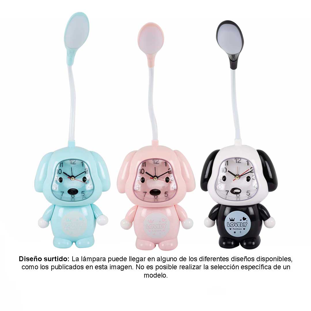 lampara de mesa luz led con reloj diseno perro surtido
