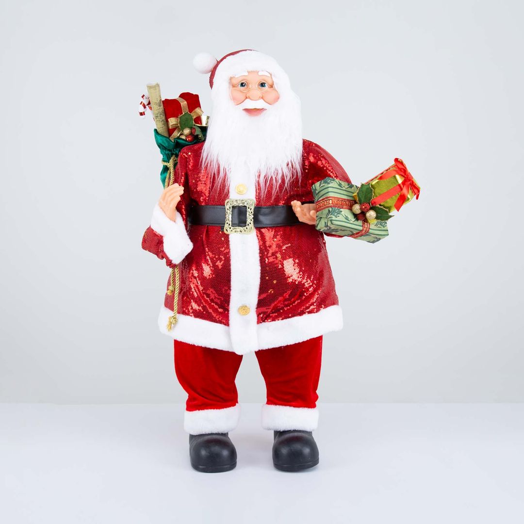 Papa Noel Con Abrigo Rojo De Lentejuelas Y Bolsa De Regalos Verde 80 Cm Panamericana