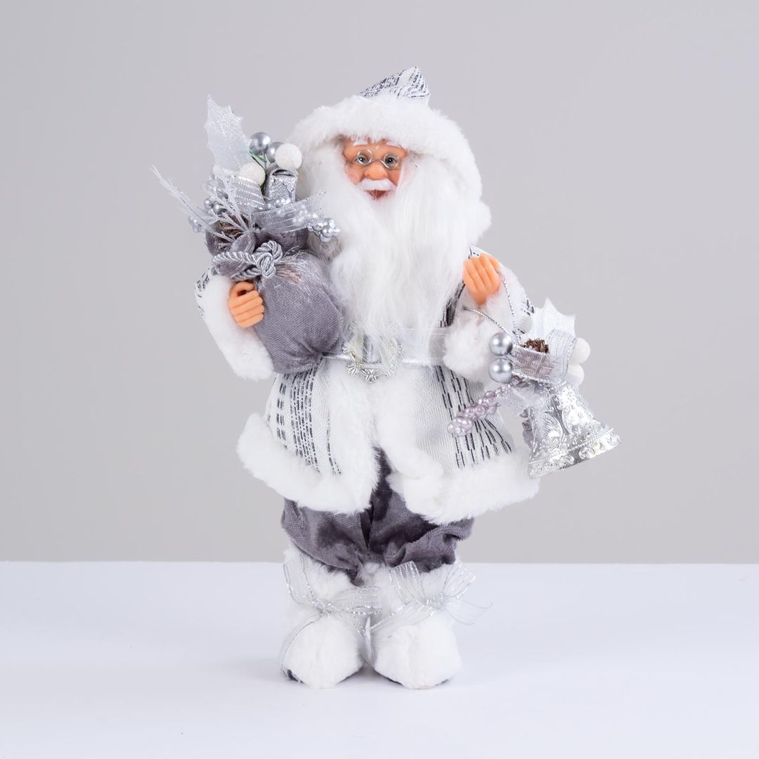 Papa Noel Con Abrigo Blanco Bolsa De Regalos Y Campana Plateada 30 Cm Panamericana
