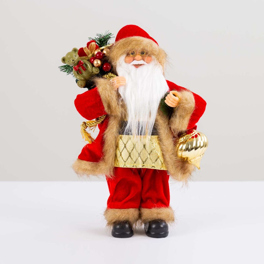 Papa Noel Con Abrigo Rojo Bolsa De Regalos Y Bola Navidena Dorada 30 Cm Panamericana