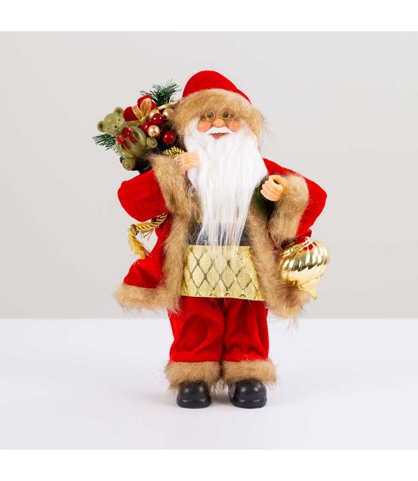 Papa Noel Con Abrigo Rojo Bolsa De Regalos Y Bola Navidena Dorada 30 Cm Panamericana
